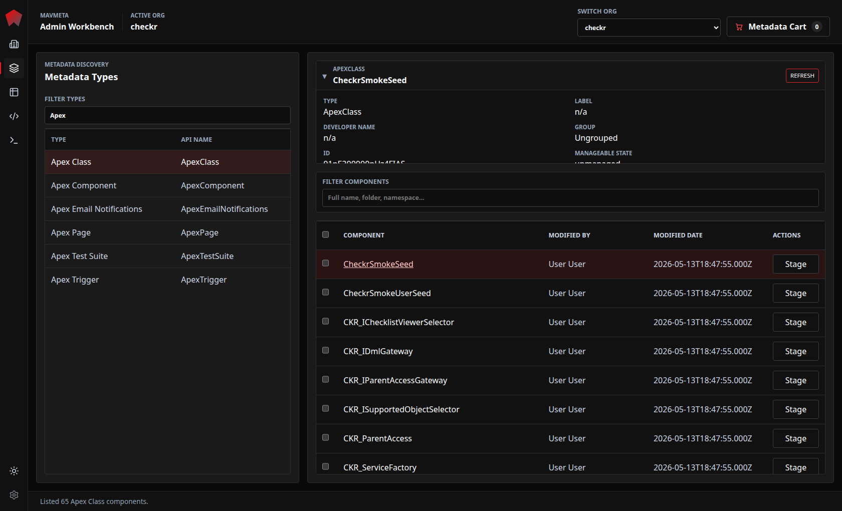 MavMeta metadata discovery screen showing active org context, metadata type list, component list, and metadata cart with staged items.