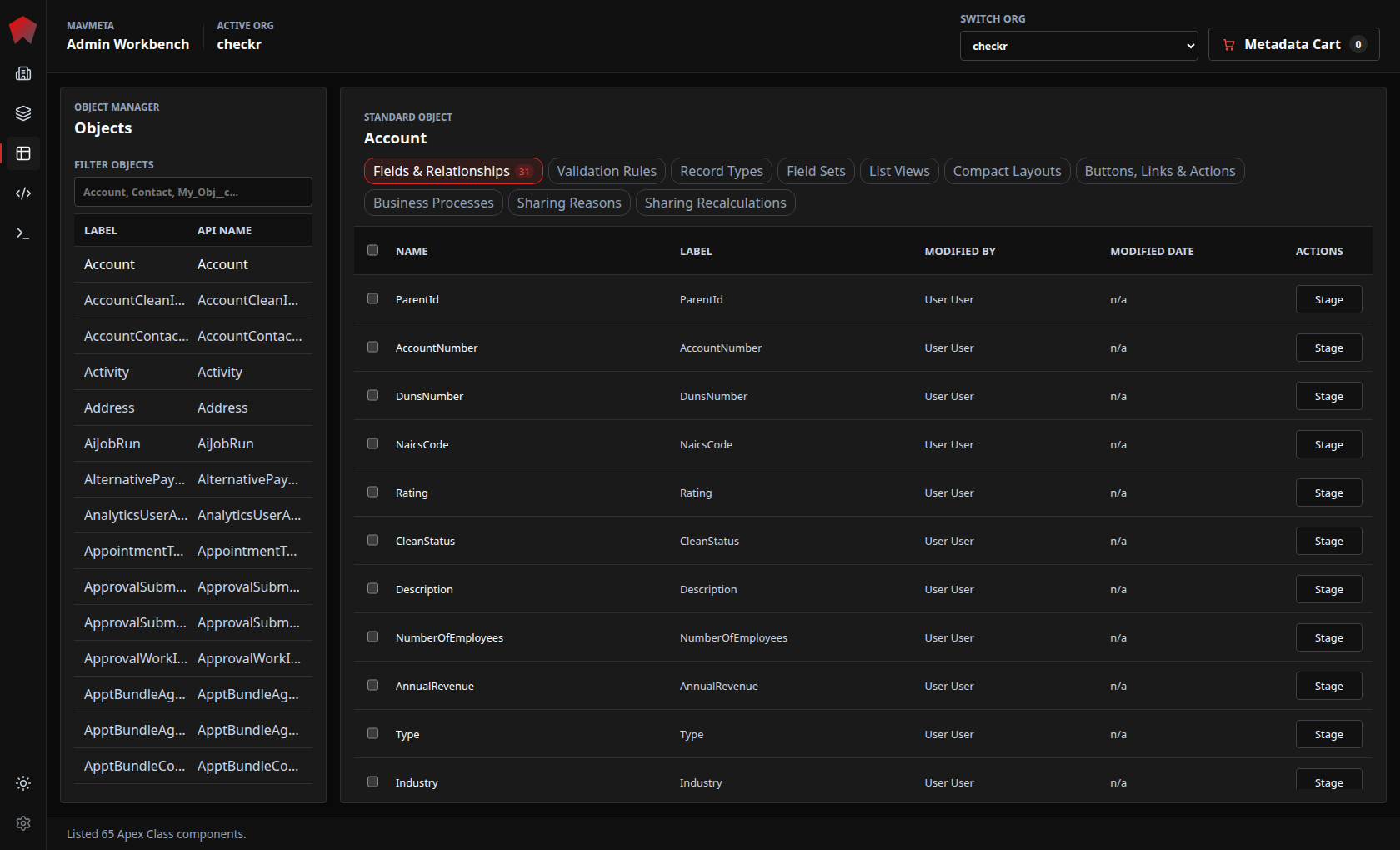 MavMeta object manager showing Salesforce object fields, relationships, and validation rules in a structured browser.