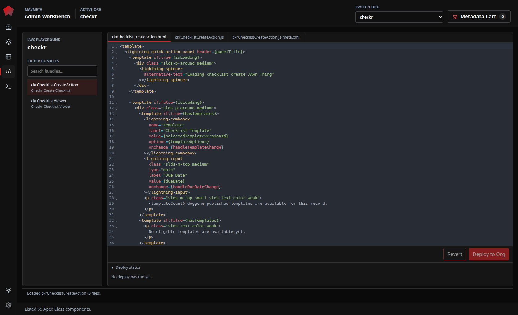 MavMeta LWC playground showing a Lightning Web Component file tree and code editor.