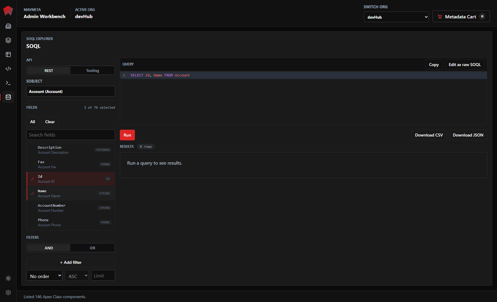 MavMeta SOQL Explorer showing an object selector, field picker, generated query, and empty results area ready to run.