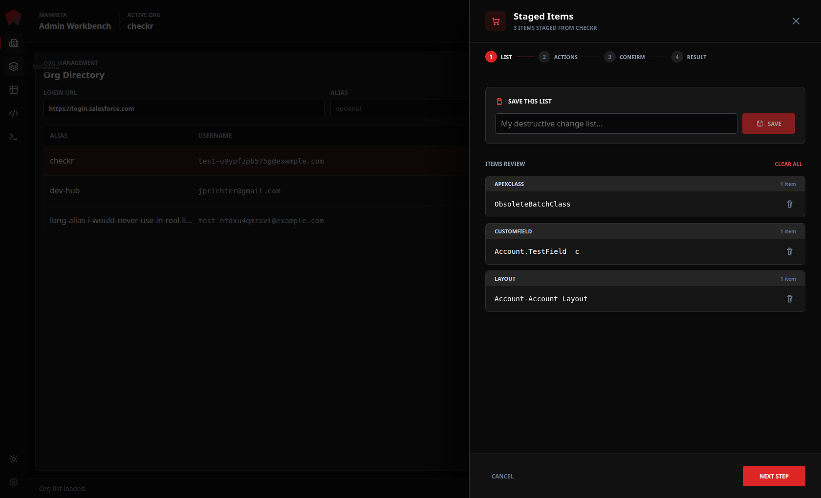MavMeta staged component list showing components collected for review before an action is selected.