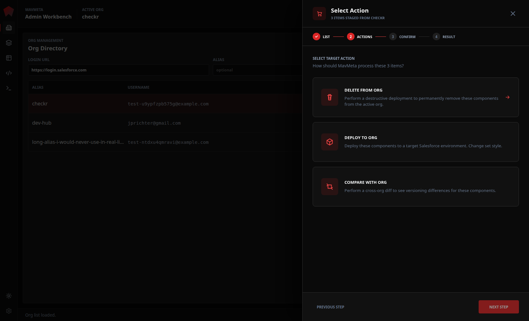 MavMeta action selection screen showing delete, deploy, and compare options for staged components.