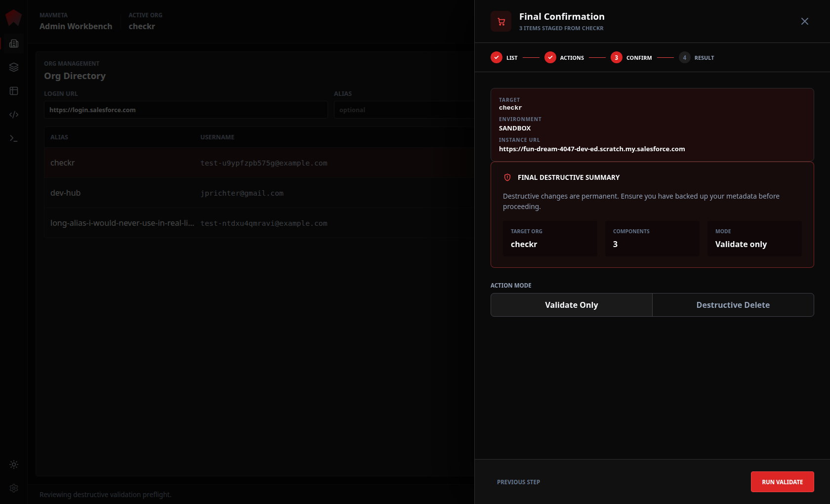 MavMeta confirmation screen showing target org, component count, and action mode before a destructive operation runs.
