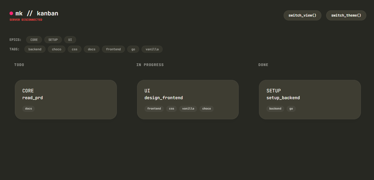 MK board view showing Markdown tasks arranged in Kanban columns with status and tags.